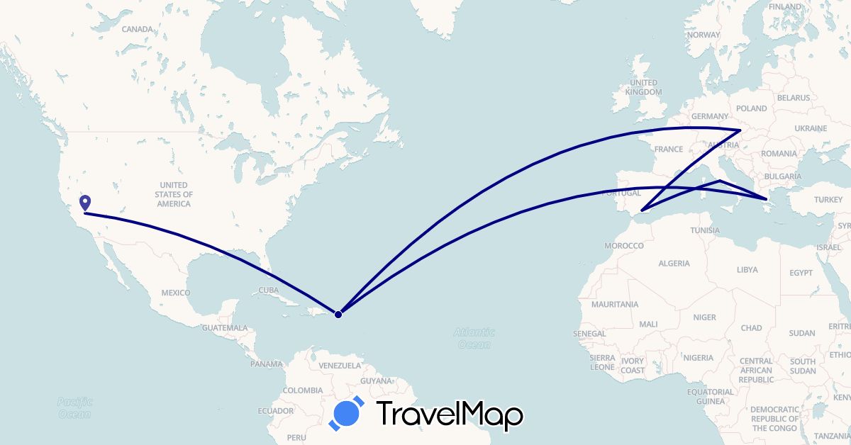 TravelMap itinerary: driving in Czech Republic, Spain, Greece, Italy, United States (Europe, North America)